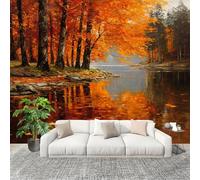 Non-Woven Premium Wall Mural 300x210cm Jungle Lake Fallen Leaves No Residue Removable Waterproof Decals Art Wallpaper Orange Color for Nursery Classroom Kitchen Office Sofa Background