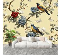 Non-Woven Premium Wall Mural 350x256cm China Plants Florals Birds No Residue Removable Waterproof Decals Art Wallpaper Beige for Nursery Classroom Kitchen Office Sofa Background