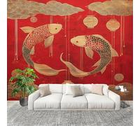 Non-Woven Premium Wall Mural 350x256cm Chinese Koi New Year Pictures No Residue Removable Waterproof Decals Art Wallpaper Red for Nursery Classroom Kitchen Office Sofa Background