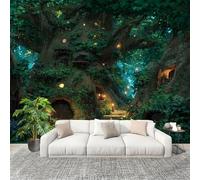 Non-Woven Premium Wall Mural 350x256cm Fantasy Jungle Tree House No Residue Removable Waterproof Decals Art Wallpaper Green for Nursery Classroom Kitchen Office Sofa Background