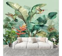 Non-Woven Premium Wall Mural 350x256cm Tropical Plants Banana Leaf Hummingbird No Residue Removable Waterproof Decals Art Wallpaper Light Green for Nursery Classroom Kitchen Office Sofa Background