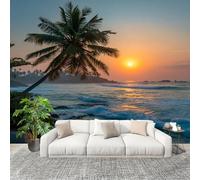 Non-Woven Premium Wall Mural 400x280cm Beach Sunset Coconut Trees No Residue Removable Waterproof Decals Art Wallpaper Orange Color for Nursery Classroom Kitchen Office Sofa Background