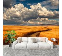 Non-Woven Premium Wall Mural 400x280cm Golden Wheat Field at Sunset No Residue Removable Waterproof Decals Art Wallpaper Yellow for Nursery Classroom Kitchen Office Sofa Background