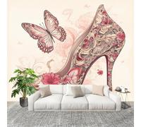 Non-Woven Premium Wall Mural 400x280cm Romance Roses High Heels Butterflies No Residue Removable Waterproof Decals Art Wallpaper Pink for Nursery Classroom Kitchen Office Sofa Background