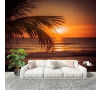 Non-Woven Premium Wall Mural 400x280cm Sunset On The Beach with Palm Trees No Residue Removable Waterproof Decals Art Wallpaper Orange-Yellow for Nursery Classroom Kitchen Office Sofa Background