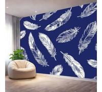 Non-Woven Premium Wall Mural Wallpaper - Dark Blue with Modern Printed Minimalism Feathers Lines Decorative Wall Mural for Living Room Bedroom Kitchen Office 200 x 140 cm（WxH