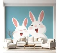Non-Woven Rabbit Pale Blue Wallpaper Scandinavian Style Cartoon Animal Portrait Wall Mural Home Interiors for Bedroom Living Room Background Decoration, Home Decor Wall Paper 450 x 315 cm