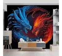Non-Woven Red Blue Wallpaper, Fantasy Dragon Yin-Yang Symbol Pattern Design for Adults Kids Bedroom Living Room Lounge Hallway and Stairs, Modern Decorative Wallpaper 400 x 280 cm (W x H)