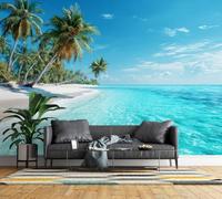 Non-Woven Wall Mural 3D Tropical Ocean Panoramic Photo Wallpaper | Wipeable Waterproof Mural Wallpaper Palm Tree Feature Wall Art 200x140 cm for Living Room Bedroom Home Office K470