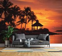 Non-Woven Wall Mural 3D Tropical Palm Tree Panoramic Photo Wallpaper | Wipeable Waterproof Mural Wallpaper Sunset Landscape Feature Wall Art 500x280 cm for Living Room Bedroom Home Office K195