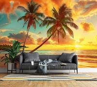 Non-Woven Wall Mural 3D Tropical Palm Tree Panoramic Photo Wallpaper | Wipeable Waterproof Mural Wallpaper Sunset Beach Feature Wall Art 200x140 cm for Living Room Bedroom Home Office K29