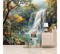 Non Woven Wall Mural Poster Landscape 250 x 175 CM Photo Wallpaper, Autumn Forest Waterfall Matte Waterproof Large Wall Murals, Customizable Wall Paper Mural for Various Space Decoration