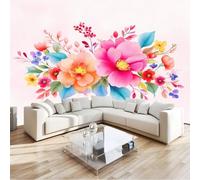 Non-Woven Wall Mural Wallpaper Minimalist Watercolor Flowers Leaves 350 X 256 Cm Modern Mural for Kids Bedroom Living Room Light Pink Art Print Wall Mural - Luxury Decorative Poster for Home Decor