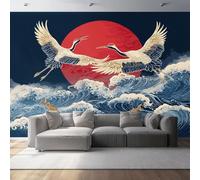 Non-Woven Wallpaper 138" x 101"/350 x 256 cm(WxH) Wave and Bird Pattern, Japanese Style Wallpaper Bedroom Living Room Children’s Room Sofa TV Background Cover for Small Cracks Deco, Blue White