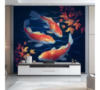 Non-Woven Wallpaper 250 x 175 cm Fish and Maple Leaf Pattern, Watercolor Style Wallpaper Bedroom Living Room Children’s Room Sofa TV Background Cover for Small Cracks Deco, Dark Blue Orange Red