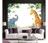 Non-Woven Wallpaper 300 X 210 Cm Cartoon Elephant Deer 3D Art Photo Wallpaper Wall Mural Home Poster Decoration Elephant Deer at The Edge of The Jungle Murals Wall Art Print for Living Room