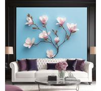 Non-Woven Wallpaper 300 X 210 Cm Japanese Minimalism Magnolia 3D Art Photo Wallpaper Wall Mural Home Poster Decoration Pink Magnolia Branches Stretching Murals Wall Art Print for Living Room