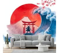 Non-Woven Wallpaper 300 X 210 Cm Japanese Ukiyo-E 3D Art Photo Wallpaper Mural Home Poster Decoration Red and Blue Samurai Torii Murals Wall Art Print for Living Room Kids Bedroom
