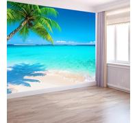 Non-Woven Wallpaper 350 x 256 cm Beach and Palm Tree Pattern, Natural Style Wallpaper Bedroom Living Room Children’s Room Sofa TV Background Cover for Small Cracks Deco, Teal