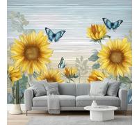 Non-Woven Wallpaper 350 X 256 Cm Pastoral Style 3D Art Photo Wallpaper Mural Home Poster Decoration Yellow Sunflower Butterfly Murals Wall Print for Living Room Kids Bedroom
