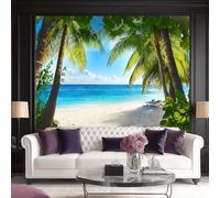 Non-Woven Wallpaper 350 X 256 Cm Tropical 3D Art Photo Wallpaper Wall Mural Home Poster Decoration Coconut Trees Surround The White Sandy Beach Murals Wall Art Print for Living Room