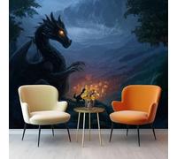Non-Woven Wallpaper 400 X 280 Cm Fantasy 3D Art Photo Wallpaper Mural Home Poster Decoration Deep Blue Dragon Dog Shadow Murals Wall Print for Living Room Kids Bedroom