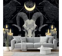 Non-Woven Wallpaper 400 X 280 Cm Gothic Style 3D Art Photo Wallpaper Mural Home Poster Decoration Black Sheep Skull Crow Murals Wall Art Print for Living Room Kids Bedroom