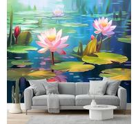 Non-Woven Wallpaper 400 X 280 Cm Impressionism 3D Art Photo Wallpaper Mural Home Poster Decoration Pink Water Lily Lotus Leaf Murals Wall Art Print for Living Room Kids Bedroom