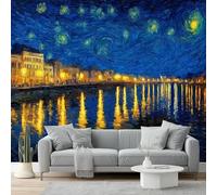 Non-Woven Wallpaper 400 X 280 Cm Impressionism Starry Sky Architecture 3D Art Photo Wallpaper Wall Mural Home Poster Decoration Blue Yellow Murals Wall Art Print for Living Room Kids Bedroom
