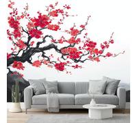 Non-Woven Wallpaper 400 X 280 Cm Ink Style 3D Art Photo Wallpaper Mural Home Poster Decoration Red Plum Blossoms Mountains Murals Wall Art Print for Living Room Kids Bedroom