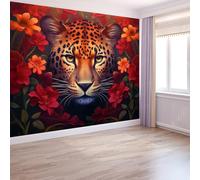 Non-Woven Wallpaper 400 x 280 cm Leopard and Floral Pattern, Fantasy Animal Style Wallpaper Bedroom Living Room Children’s Room Sofa TV Background Cover for Small Cracks Deco, Dark Red Orange