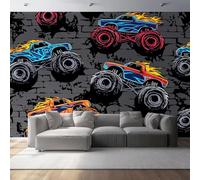 Non-Woven Wallpaper 79" x 55"/200 x 140 cm(WxH) Doodle Monster Truck Pattern, Cartoon Style Wallpaper Bedroom Living Room Children’s Room Sofa TV Background Cover for Small Cracks Deco, Black