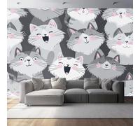 Non-Woven Wallpaper 79" x 55"/200 x 140 cm(WxH) Hand Drawn Cat Pattern, Cartoon Style Wallpaper Bedroom Living Room Children’s Room Sofa TV Background Cover for Small Cracks Deco, Gray White