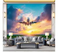 Non-Woven Wallpaper 79" x 55"/200 x 140 cm(WxH) Sunset Airplane Pattern, Modern Style Wallpaper Bedroom Living Room Children’s Room Sofa TV Background Cover for Small Cracks Deco, Orange-Yellow