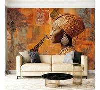 Non-Woven Wallpaper Decor Abstract Giraffe Coconut Palm Trees Living Room Kitchen Dining Room Bedroom 400 x 280 cm Custom Panoramic Photo African Patchwork CollageTan Yellow