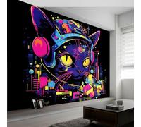 Non-Woven Wallpaper Graffiti Style Theme, Neon Cat Photo Art Wall Murals for Bedroom Living Room Office Decor - 78.7" x 55.1" 3D Effect Mural
