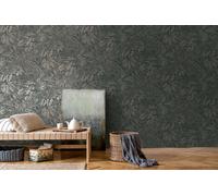 Livingwalls Wallpaper Green Black Jungle Wallpaper 395604 Non-Woven Wallpaper Floral with Subtle Metallic Effect in Silver Gold 10.05 m x 0.53 m