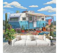 Non-Woven Wallpaper - Mural de Interior Blue 3D Wall Art Photo Wallpaper Cartoon Camper Van Wall Mural Home Bedroom Living Room Poster Decoration 300x210 cm
