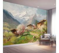 Non-Woven Wallpaper Mural - Nordic Style Green Mountains Wooden Houses Wall Art for Living Room & Bedroom - 400 X 280 Cm Large Wall Mural Photo Wallpaper for Home Interior Decoration