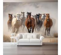 Non-Woven Wallpaper Mural - Wild Animals Brown Herd of Horses Sandy Road Wall Art for Living Room & Bedroom - 250 X 175 Cm Large Wall Mural Photo Wallpaper for Home Interior Decoration