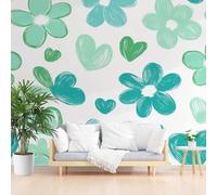 Non-Woven Wallpaper Painted Floral Hearts 3D Wall Art Photo Wallpaper Wall Mural Home Bedroom Living Room Poster Decoration Green Floral Wall Paper 300x210cm(W x H)