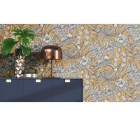 Non-woven wallpaper Rasch Exotic Flowers Yellow Black Lirico 555363 (4,09£/1qm)