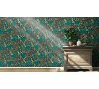 Non-Woven Wallpaper Rasch Flowers Blue Green Gold Curiosity 538243 (4,25£/1qm)