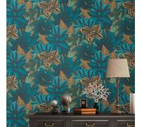 Non-woven Wallpaper tropical jungle leaves blue green yellow 39222-1 (3,94£/1qm)