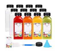 NONDK 12Pcs 12oz Plastic Juice Bottles with Tamper Evident Caps, Reusable Clear Juice Containers with Labels, Funnel and Brush