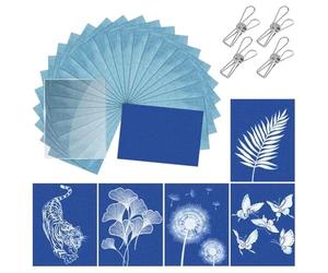 NONDK 32PCS A4 Cyanotype Paper Kit, High Sensitive Sun Art Paper with Acrylic Panel & Clips for DIY Nature Printing Crafts