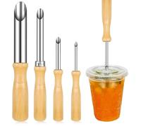 NONDK 4 Sizes Straw Punch with Wooden Handle, Round Hole Making Tool for Cafe Beverage Lemonade Holder Supplies