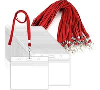 NONDK Blue Lanyards Included 20pcs Clear Plastic Horizontal Name ID Holders for Offices, Schools, Work Volunteers Red