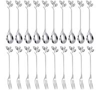 NONDK Dessert Spoon Fork Set,20 Pcs 4.7 Inch Cake Fork,Coffee Spoon, Silver Leaf Fruit Fork,(10 Spoon + 10 Fork)