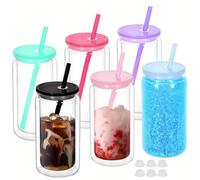 NONDK DIY Snowball Cup with Pre-Drilled Hole 6PCS 16oz Double Wall Insulated Plastic Water Bottle Set Featuring Straws Lids B